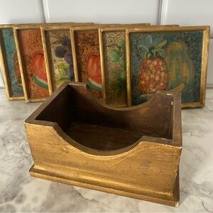 Vintage Gold Wooden Coaster Set with Fruit Design